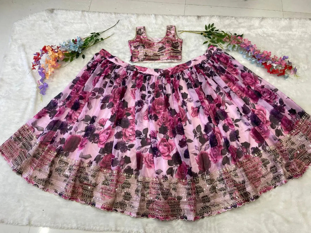 Soft Pink Floral Print With Zari Sequins Work Party Wear Lehenga - qivii