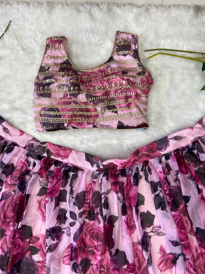 Soft Pink Floral Print With Zari Sequins Work Party Wear Lehenga - qivii