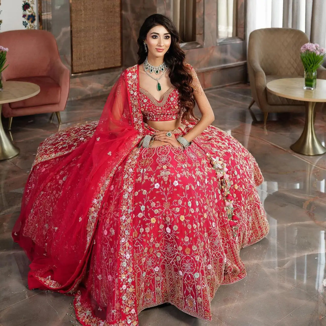 Pinkish Red Satin Lehenga With Multi Thread  Heavy Sequins Embroidery Work - qivii