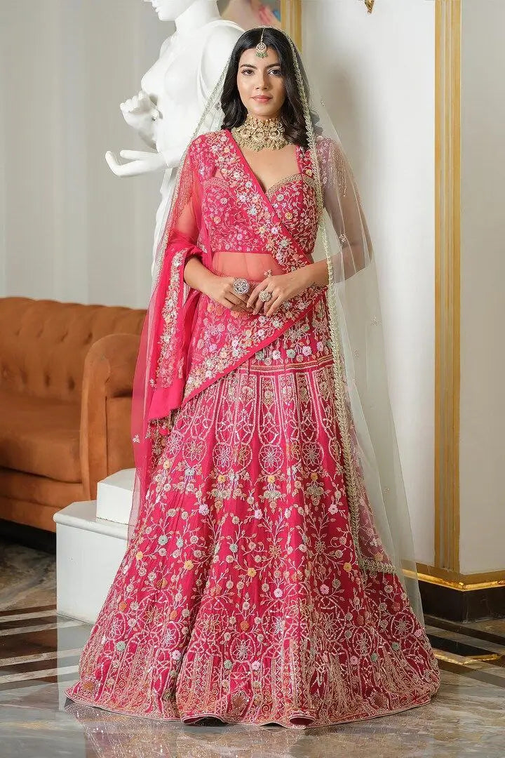 Pinkish Red Satin Lehenga With Multi Thread  Heavy Sequins Embroidery Work - qivii