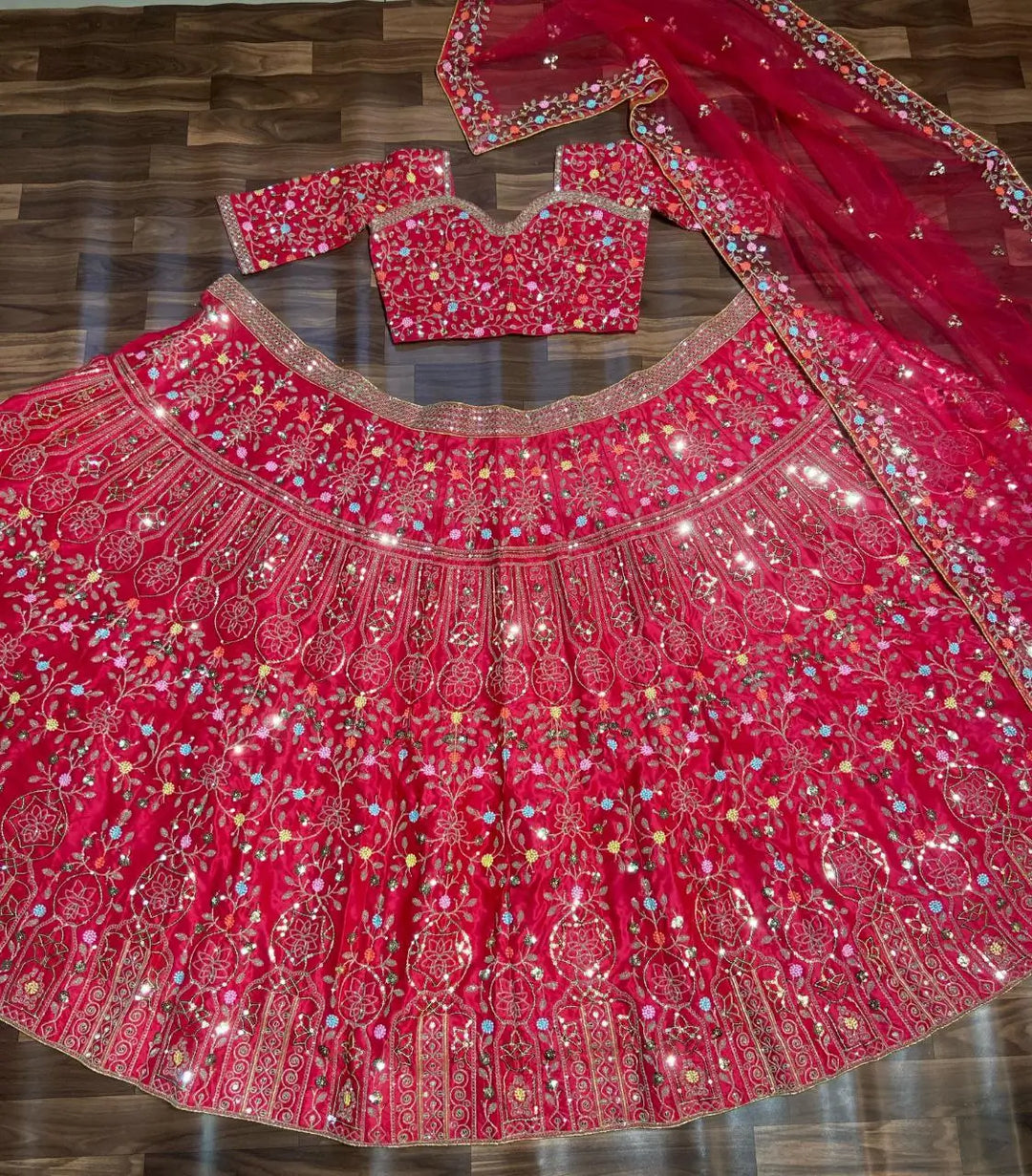 Pinkish Red Satin Lehenga With Multi Thread  Heavy Sequins Embroidery Work - qivii