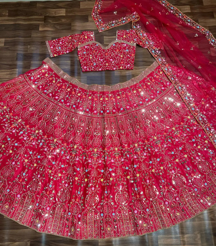 Pinkish Red Satin Lehenga With Multi Thread  Heavy Sequins Embroidery Work - qivii
