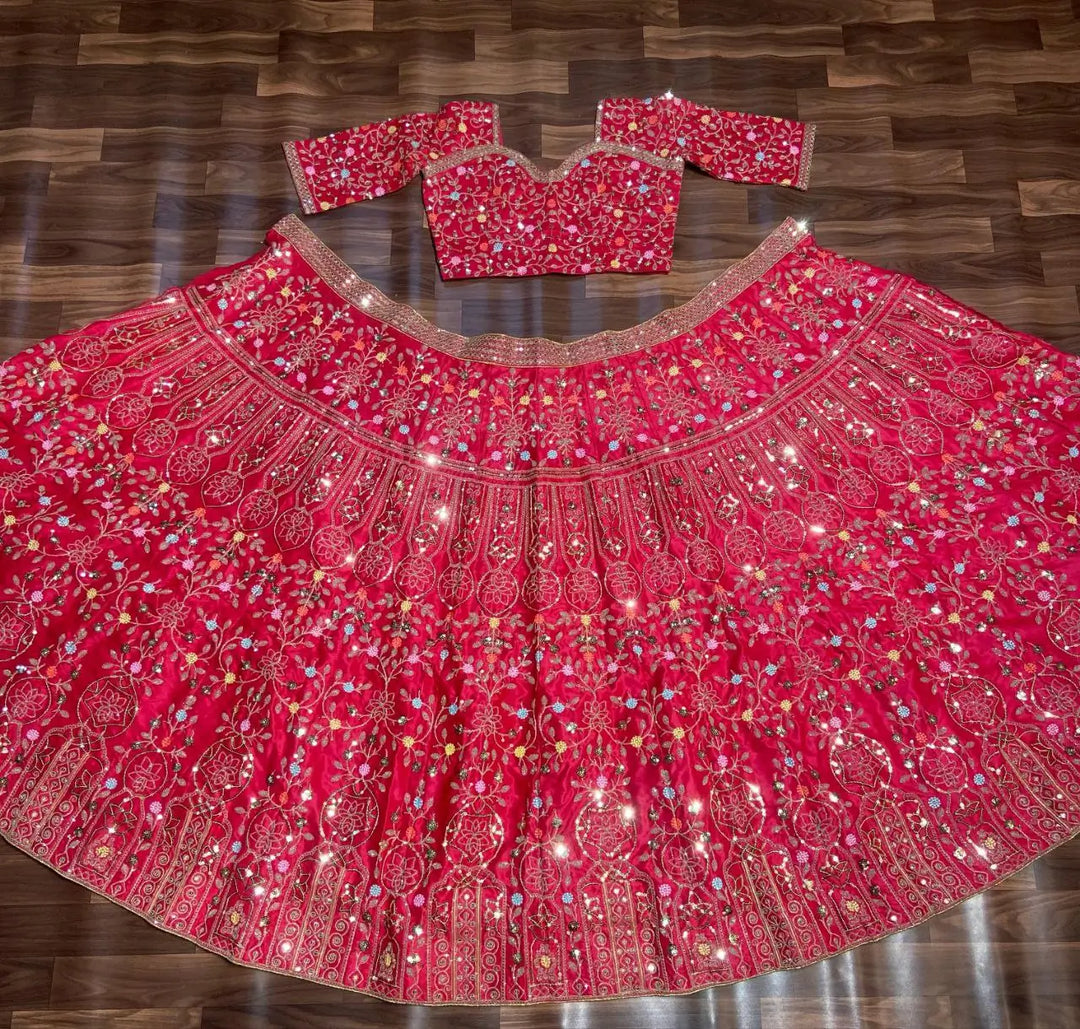 Pinkish Red Satin Lehenga With Multi Thread  Heavy Sequins Embroidery Work - qivii