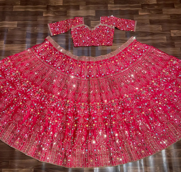 Pinkish Red Satin Lehenga With Multi Thread  Heavy Sequins Embroidery Work - qivii