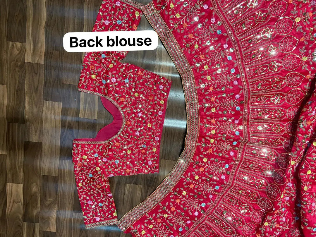 Pinkish Red Satin Lehenga With Multi Thread  Heavy Sequins Embroidery Work - qivii