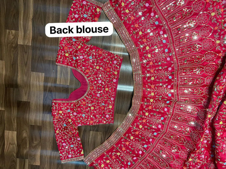 Pinkish Red Satin Lehenga With Multi Thread  Heavy Sequins Embroidery Work - qivii