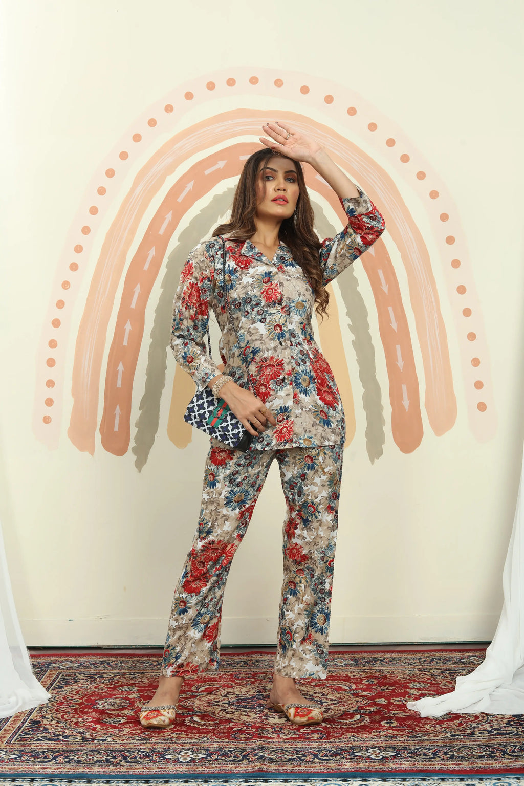 Blue And Beige Floral Print Co-ord Set