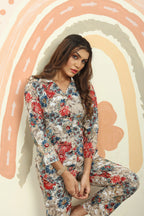 Blue And Beige Floral Print Co-ord Set