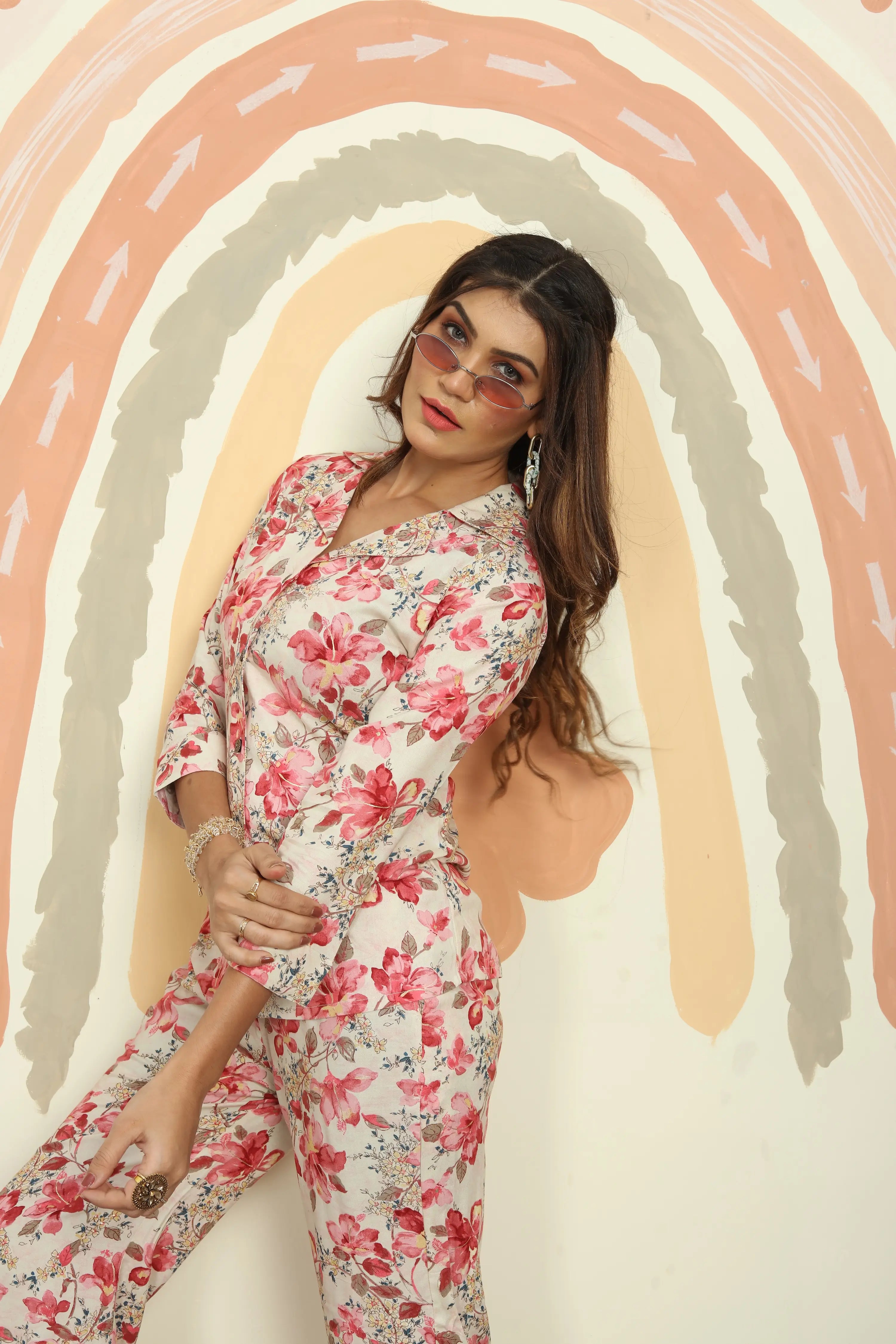 Red And Beige Floral Print Co-ord Set