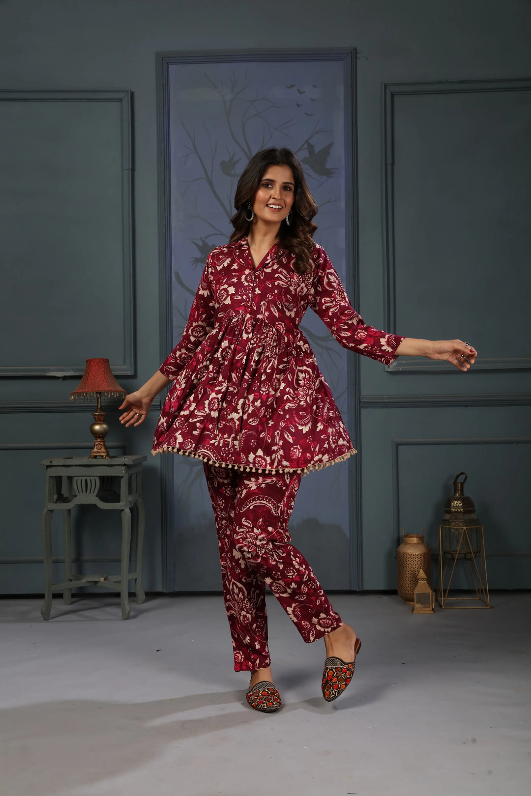 Cherry Red Printed Co-ord Set - qivii