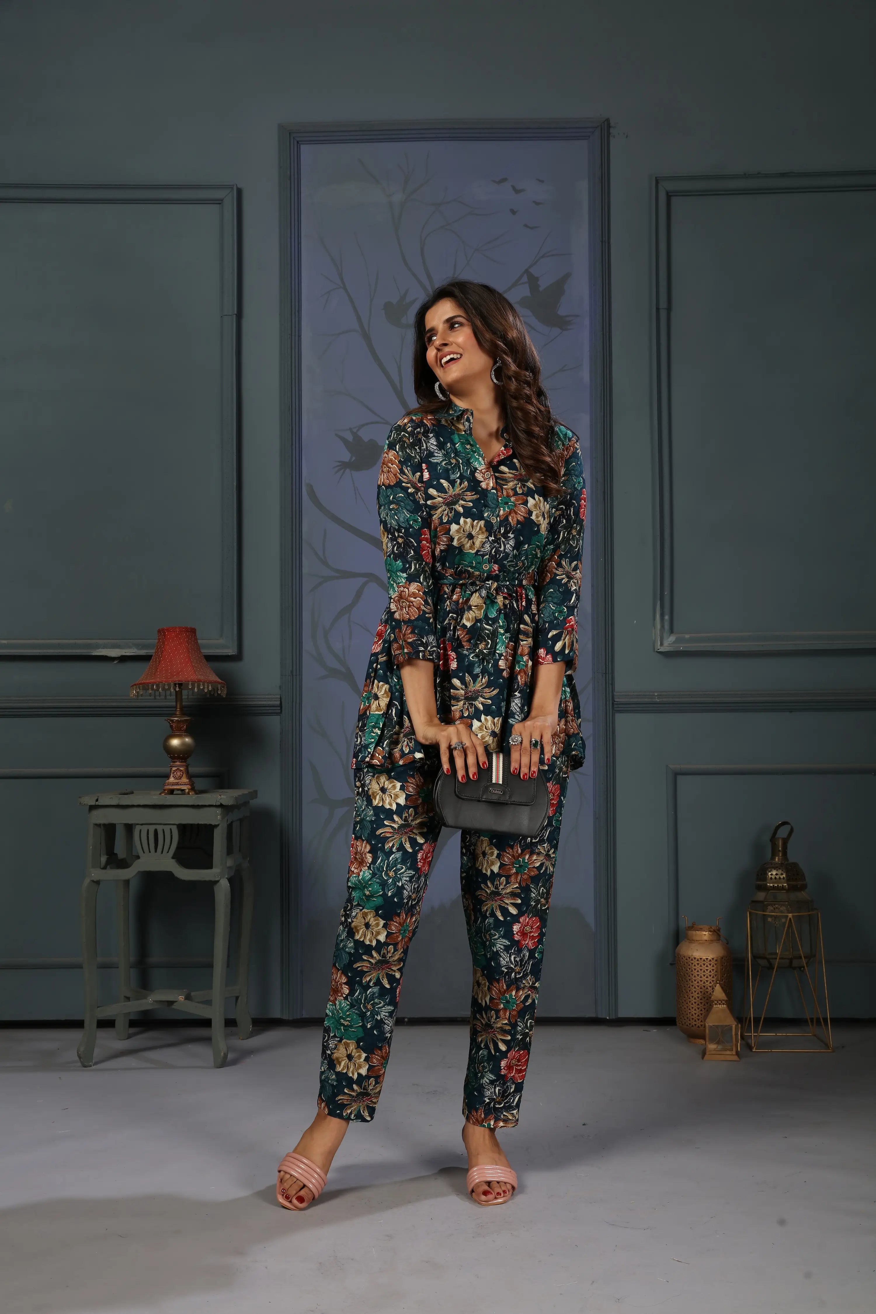 Dark Green Floral Print Co-ord Set