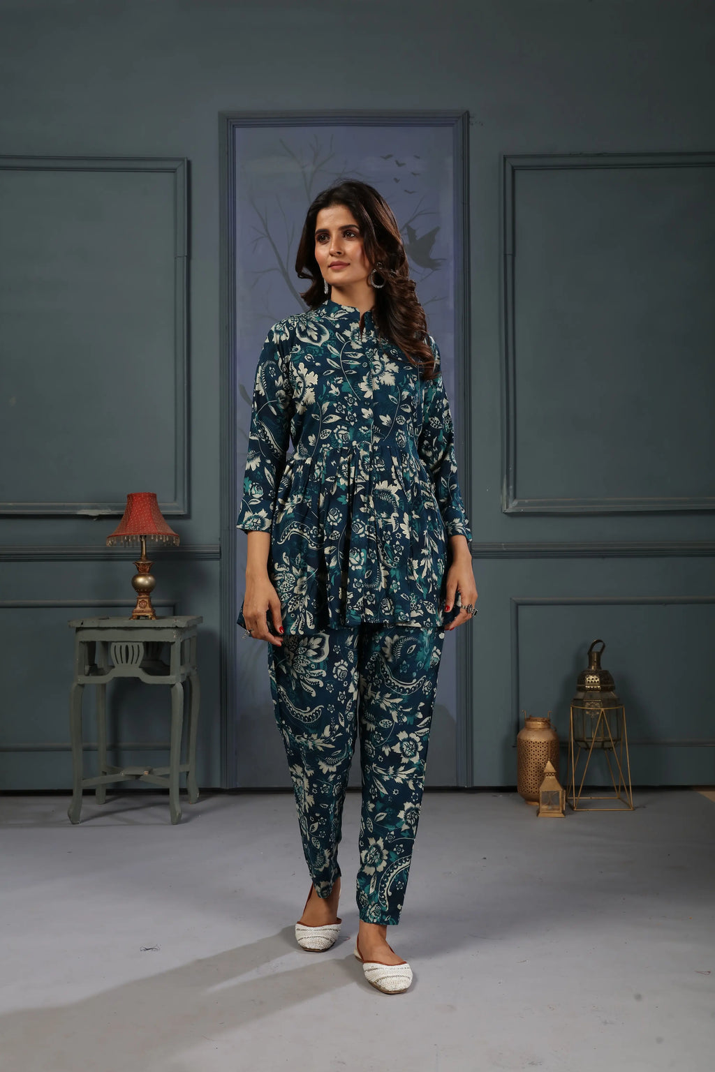 Bluish Cyan Floral Print Co-ord Set