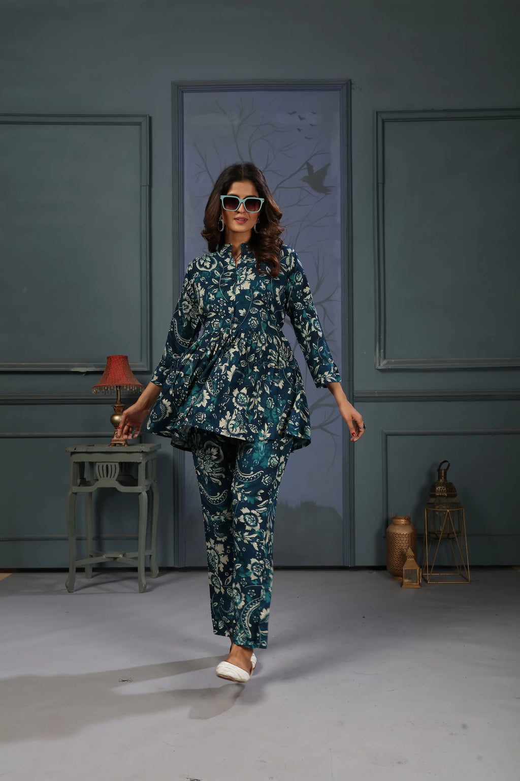 Bluish Cyan Floral Print Co-ord Set