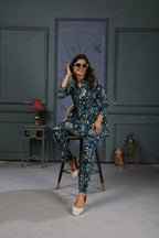 Bluish Cyan Floral Print Co-ord Set