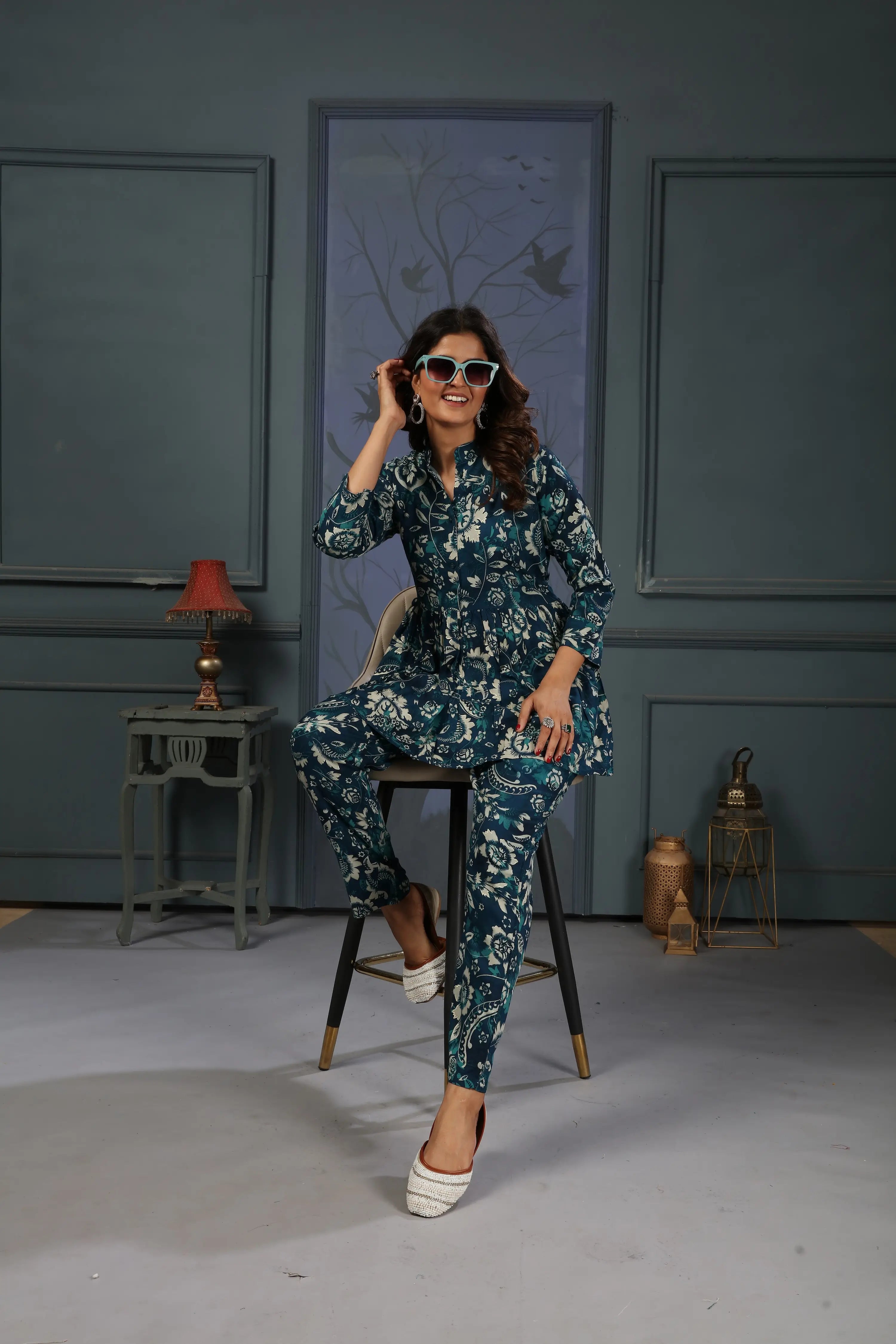 Bluish Cyan Floral Print Co-ord Set