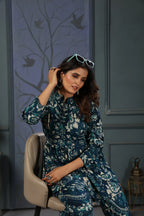 Bluish Cyan Floral Print Co-ord Set