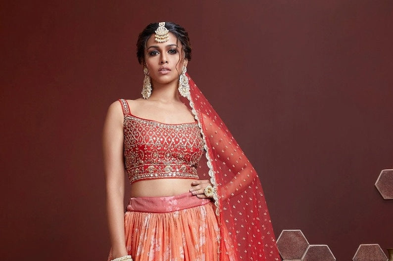 Bollywood style designer lehenga choli in 42 inch length with embroidery lace border