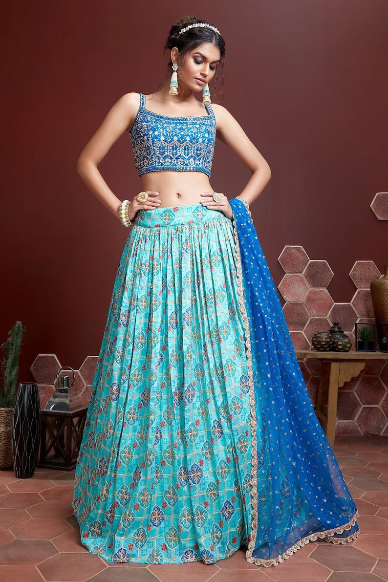 
Sabysachi designer sky blue lehenga choli with heavy embroidery work and sequins embellishment