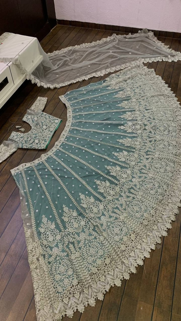 Unstitched grey Lehenga Choli with heavy chine sequence work