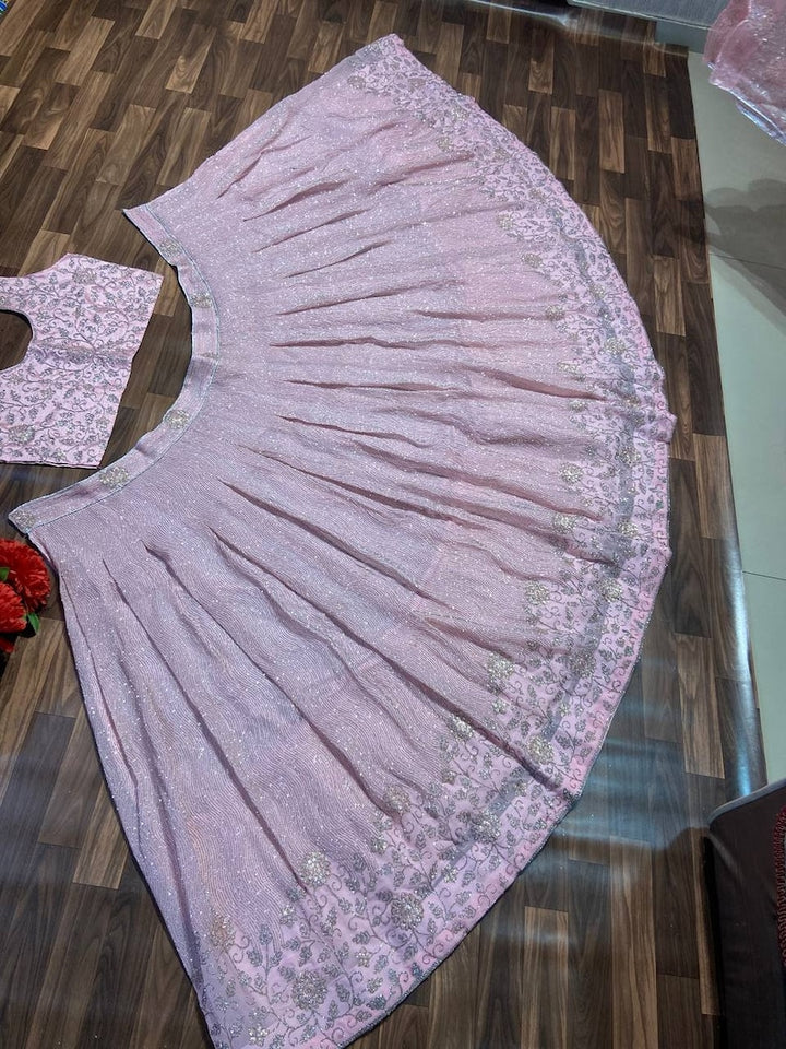 Sabyasachi Designer peach-pink Lehenga Choli with Shimmer Dori Work