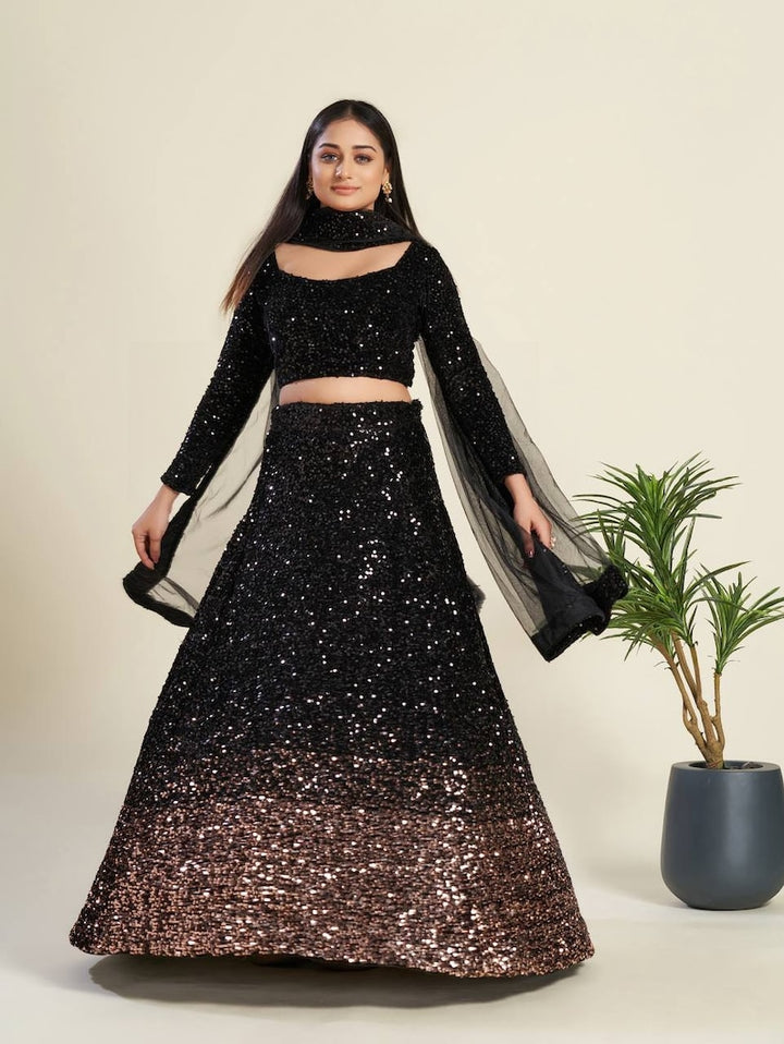 Black sparkling lehenga choli with heavy sequence and embroidery work for women