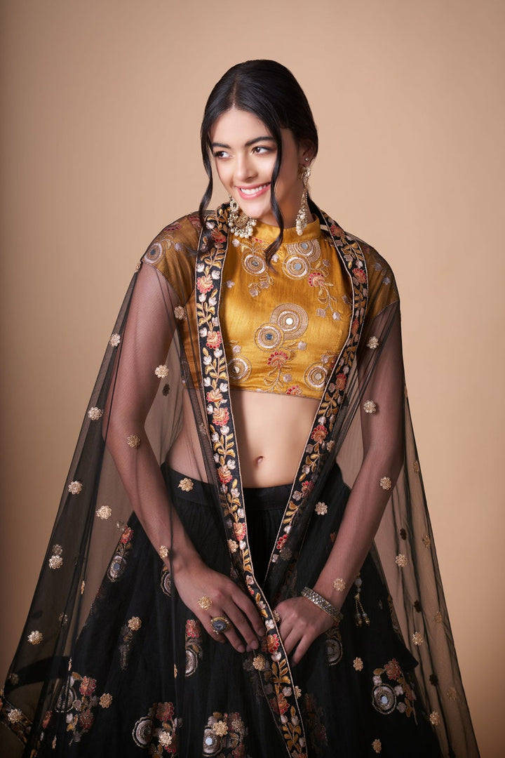 Dupatta in Net Fabric with Thread, Zari, Dori And Sequins Embroidery Work in Black and Gold Color
