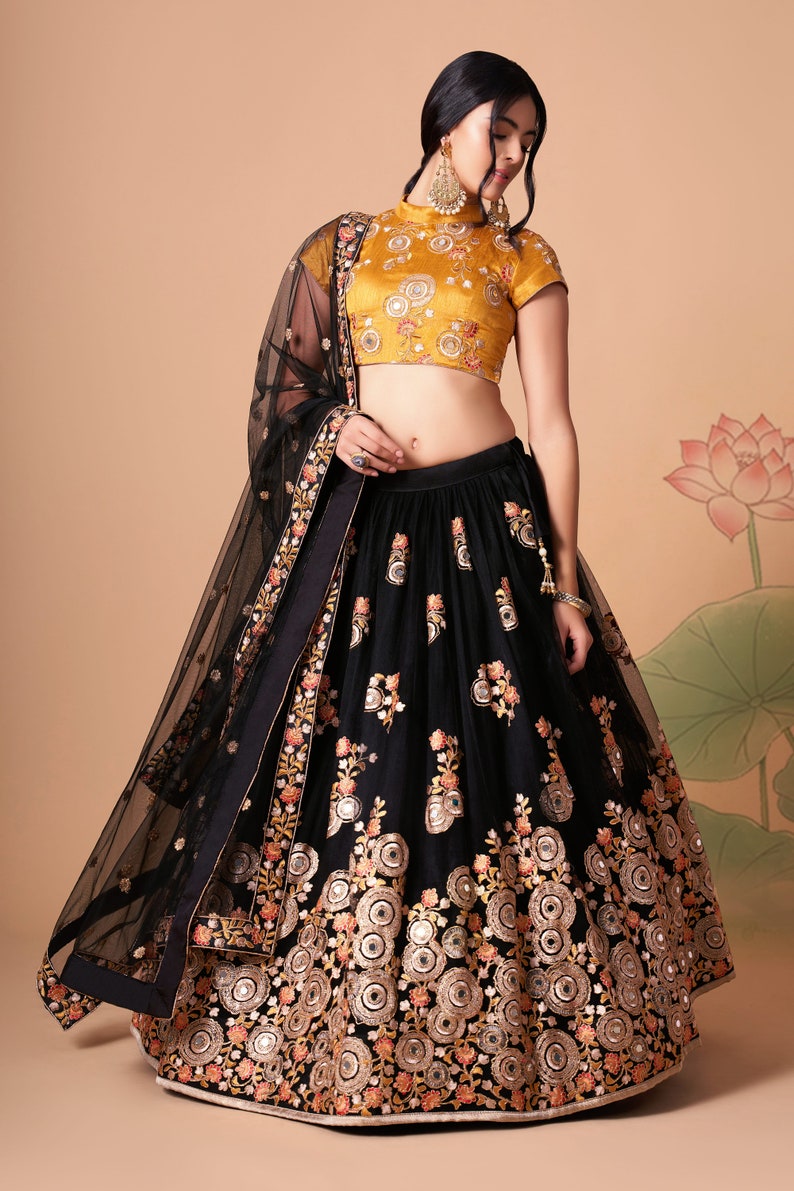 

Designer Indian Lehenga Choli with Sequins Embroidery Work in Black and Gold Color