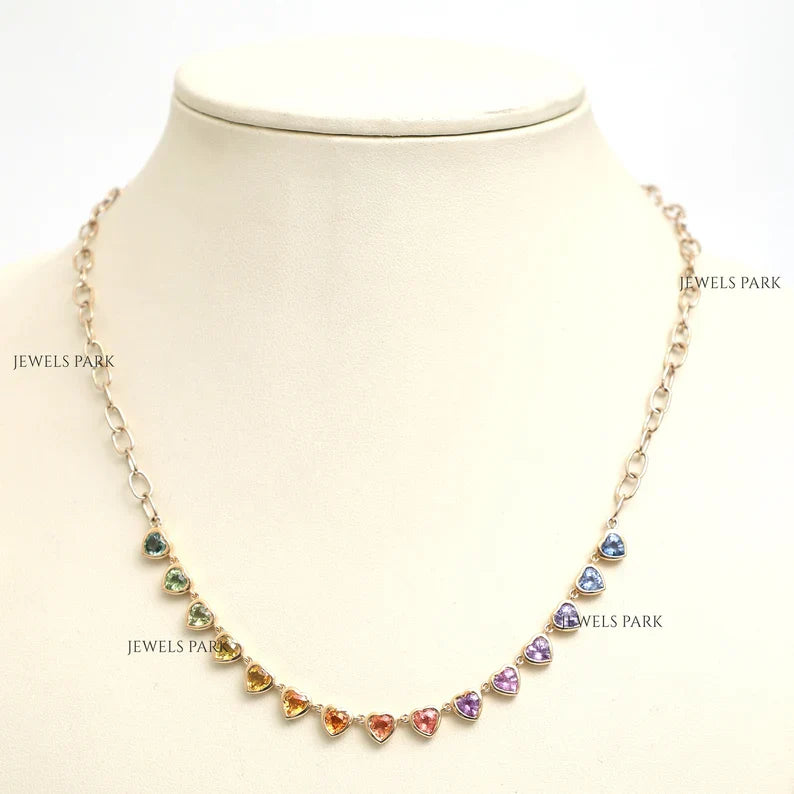 Rainbow Sapphire Heart Bezel Set Necklace - qivii