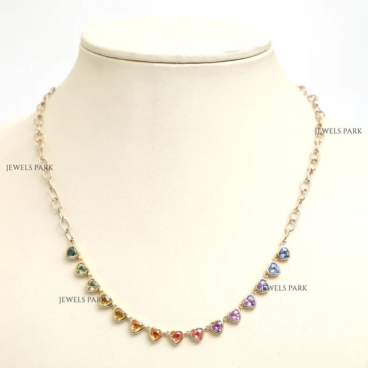 Rainbow Sapphire Heart Bezel Set Necklace - qivii