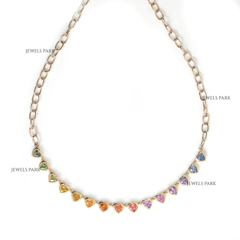 Rainbow Sapphire Heart Bezel Set Necklace - qivii