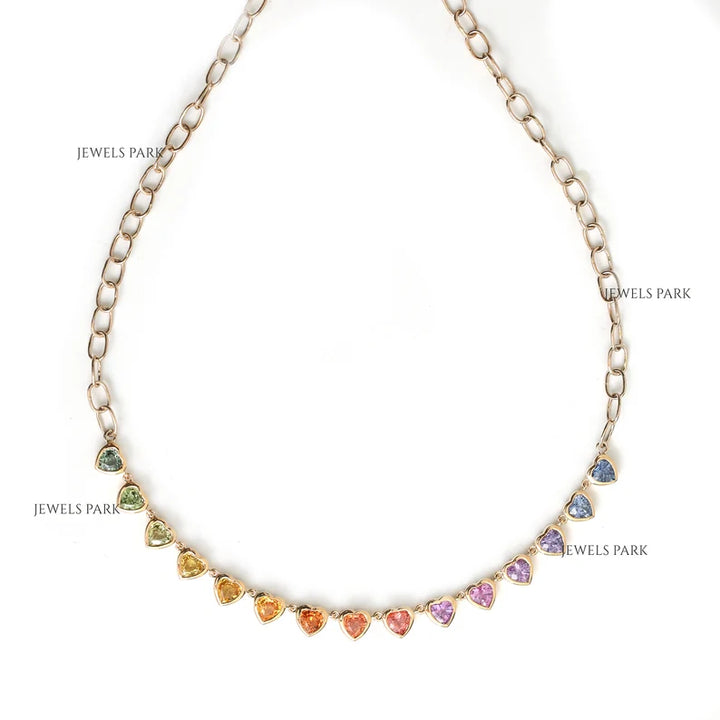 Rainbow Sapphire Heart Bezel Set Necklace - qivii