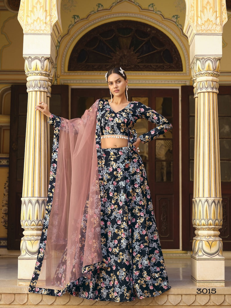 Pure Butterfly Net lehenga with printed lace border and tassel accessories

