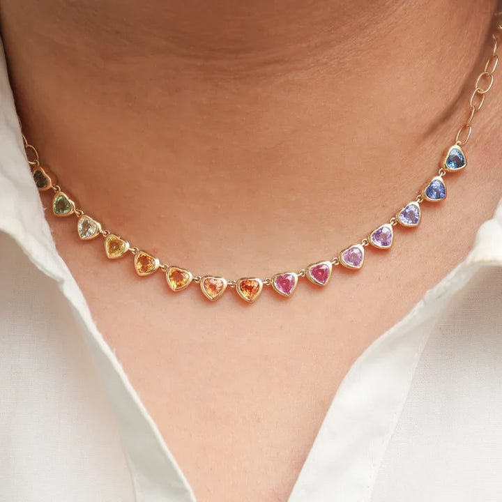 Rainbow Sapphire Heart Bezel Set Necklace - qivii