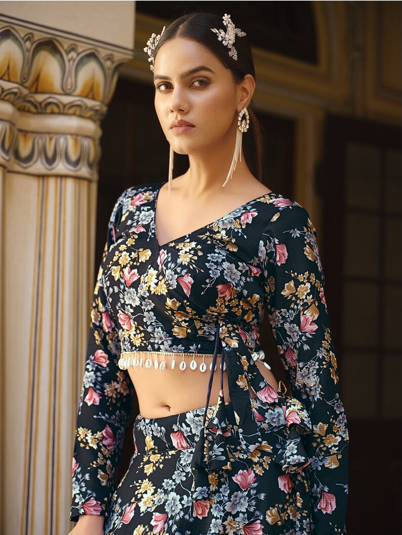 

Traditional Indian lehenga choli with digital floral prints on georgette material