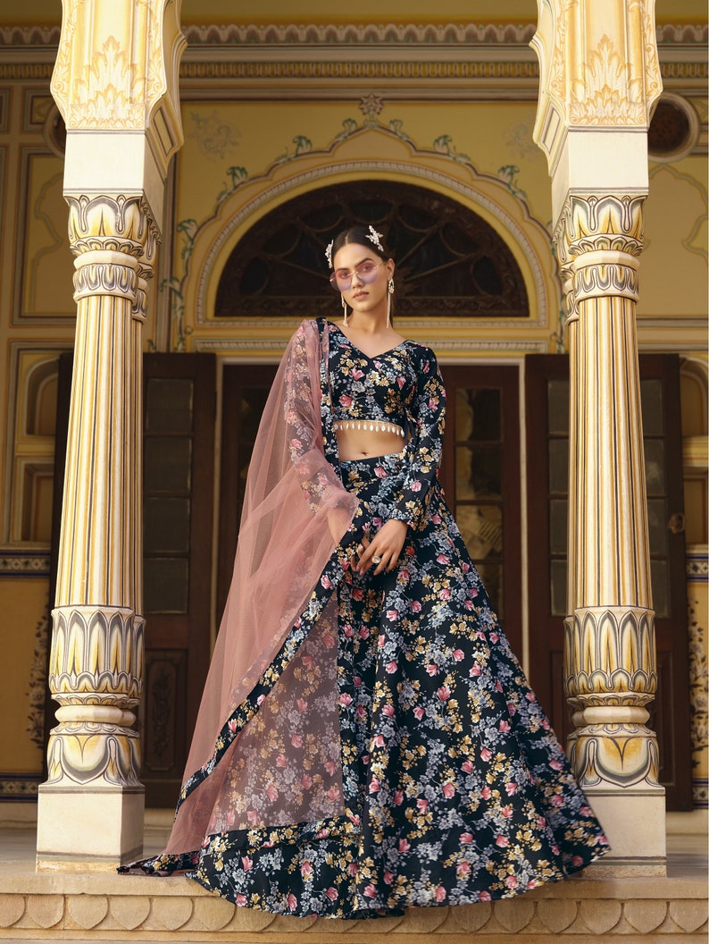 Fine crushed silk lehenga choli with floral print and lace accents