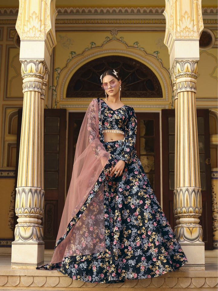 Fine crushed silk lehenga choli with floral print and lace accents