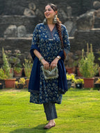 Navy Blue Pure Cotton Floral Printed A-line Kurta Pant With Dupatta Set