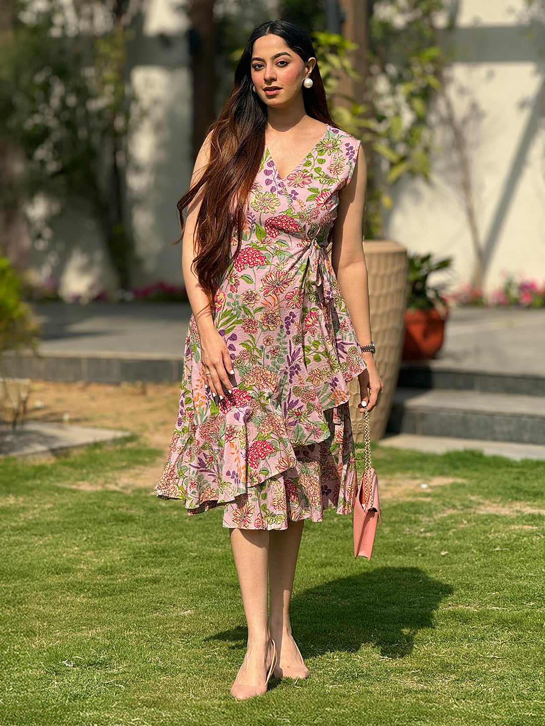 Pink Pure Cotton Floral Printed Tiered Dress - qivii