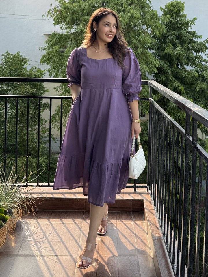 Purple Pure Cotton Solid A-line Dress - qivii