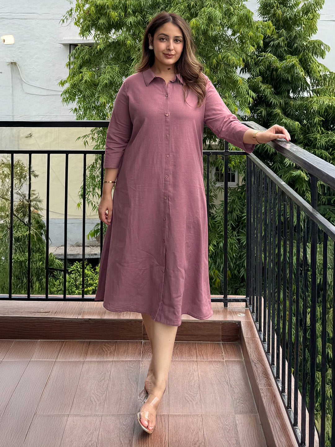 Mauve Cotton Solid A-line Dress