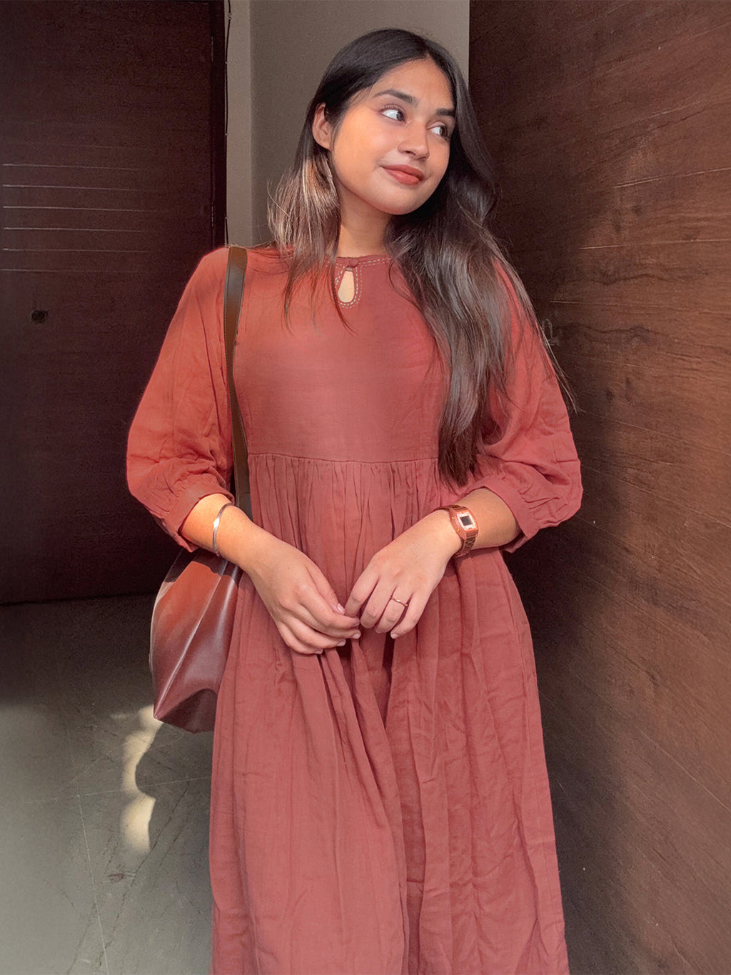 Rust Pure Cotton Solid Gathered Dress