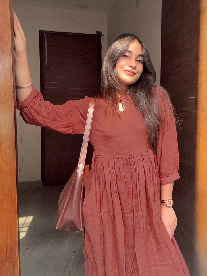 Rust Pure Cotton Solid Gathered Dress - qivii