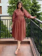 Rust Pure Cotton Solid Gathered Dress