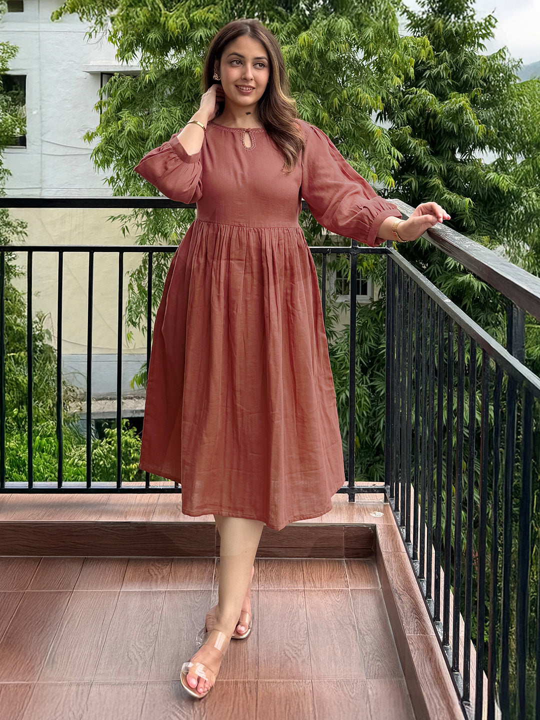 Rust Pure Cotton Solid Gathered Dress