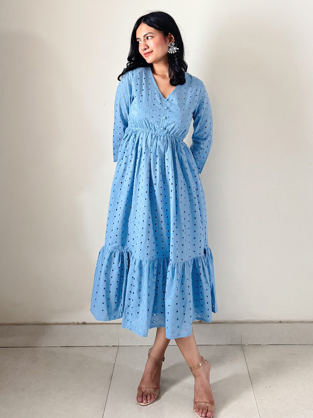 Janasya Women's Light Blue Pure Cotton Schiffli Fit & Flare Dress