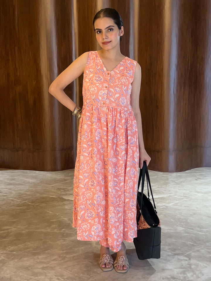 Coral Pure Cotton Floral Printed A-line Kurta Pant Set - qivii