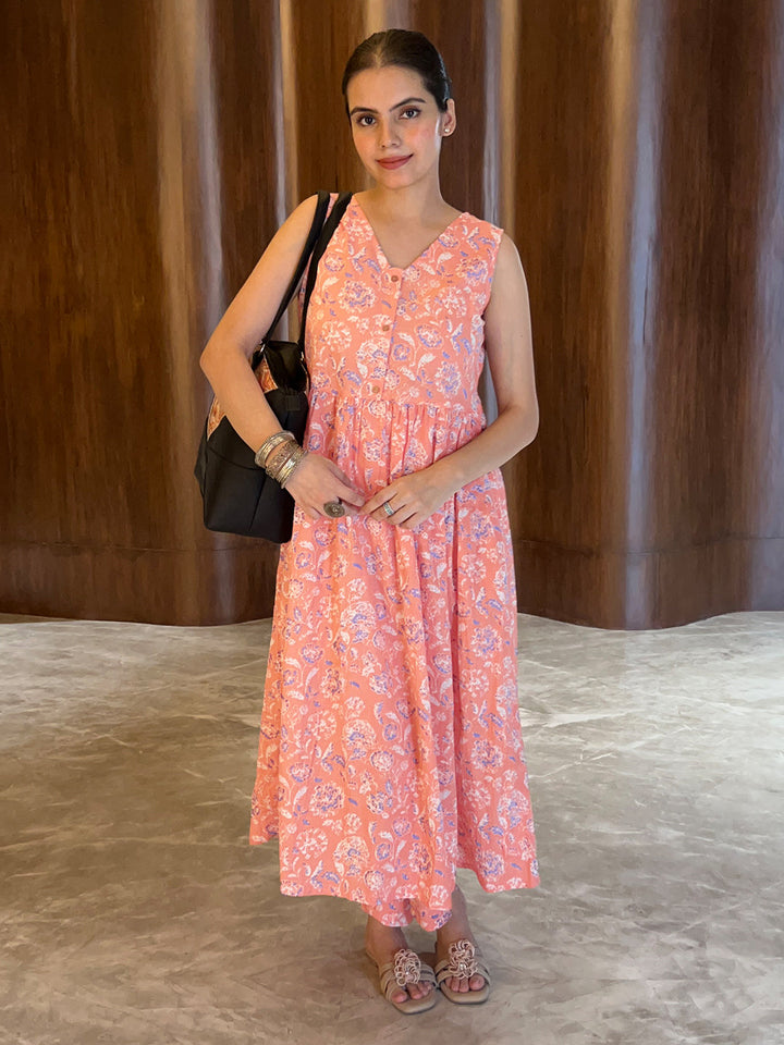 Coral Pure Cotton Floral Printed A-line Kurta Pant Set - qivii