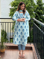 Blue Pure Cotton Floral Printed Straight Kurta Set