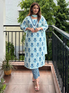 Blue Pure Cotton Floral Printed Straight Kurta Set