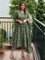 Sea Green Pure Cotton Floral Printed A-line Kurta Set